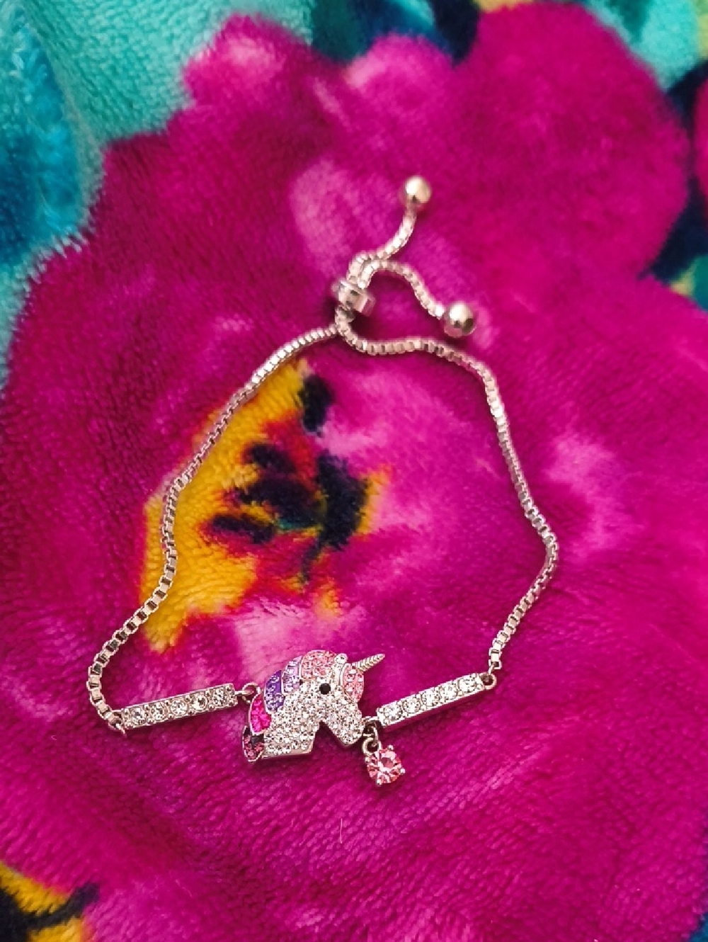 Adorable CZ Silvertone Unicorn Adjustable Bracelet